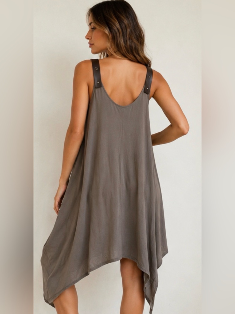MEDI Brown Asymmetrical Women’s Dress Faux Leather Shoulder Straps Size 2 EUC - Picture 2 of 10